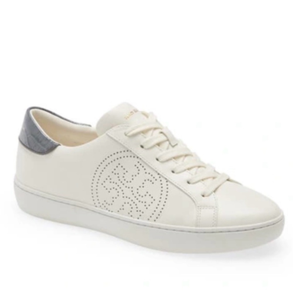 Tory Burch Leigh T-Logo Sneaker White/Gray Croc Sz 9 Athleisure Casual Everyday - Picture 3 of 14